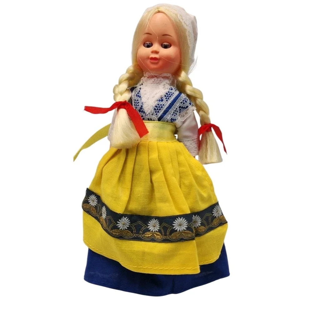Vintage Girl Doll Braided Blonde Hair Folk Dress 7in Plastic Collectible